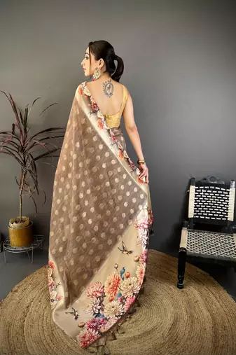 beige color cotton blend flower digital printed saree with blouse