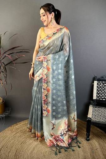 grey color cotton blend flower digital printed saree with blouse