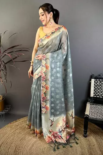 grey color cotton blend flower digital printed saree with blouse