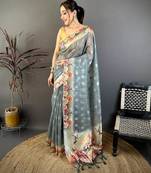 grey color cotton blend flower digital printed saree with blouse