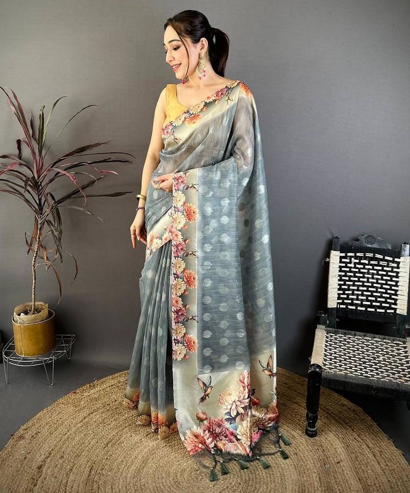 grey color cotton blend flower digital printed saree with blouse