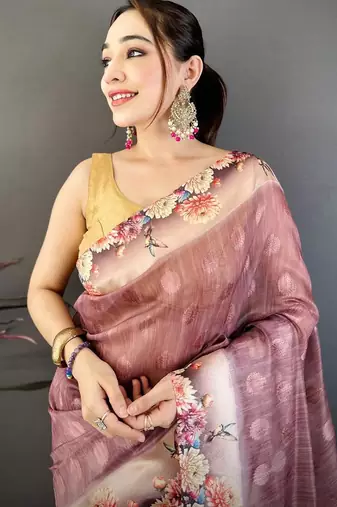 peach color cotton blend flower digital printed saree with blouse
