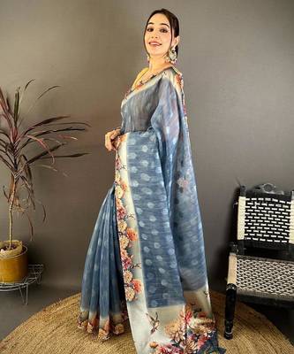 tealblue color cotton blend flower digital printed saree with blouse 2