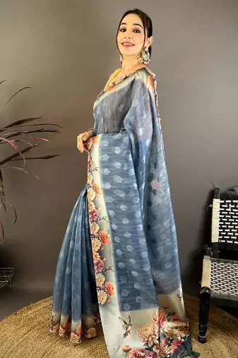 tealblue color cotton blend flower digital printed saree with blouse
