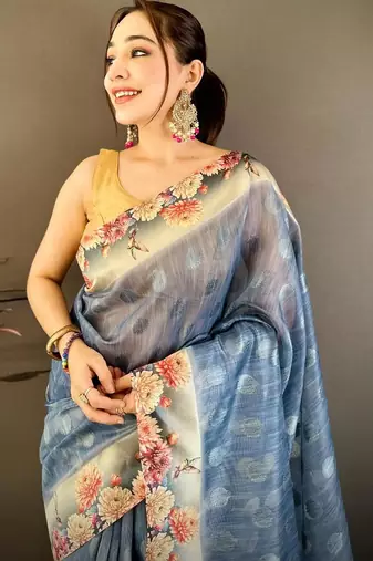 tealblue color cotton blend flower digital printed saree with blouse