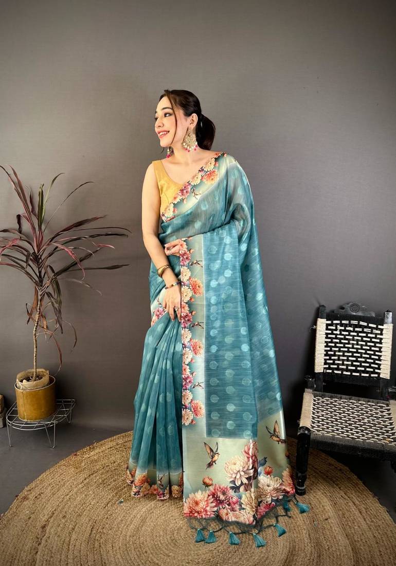 skyblue color cotton blend flower digital printed saree with blouse