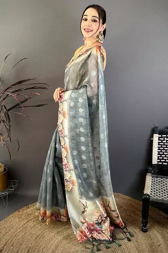 grey color cotton blend flower digital printed saree with blouse