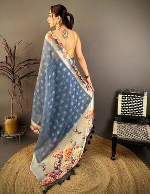 tealblue color cotton blend flower digital printed saree with blouse 4