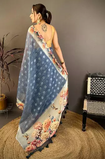 tealblue color cotton blend flower digital printed saree with blouse