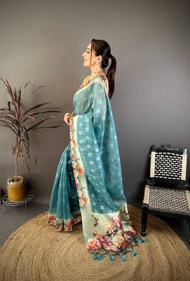 skyblue color cotton blend flower digital printed saree with blouse 2
