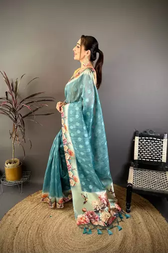 skyblue color cotton blend flower digital printed saree with blouse