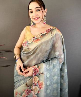 grey color cotton blend flower digital printed saree with blouse 3