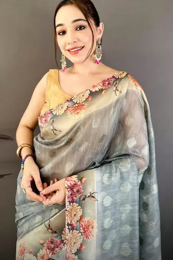 grey color cotton blend flower digital printed saree with blouse