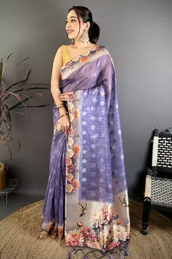 blue color cotton blend flower digital printed saree with blouse