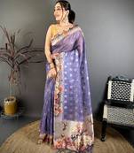 blue color cotton blend flower digital printed saree with blouse