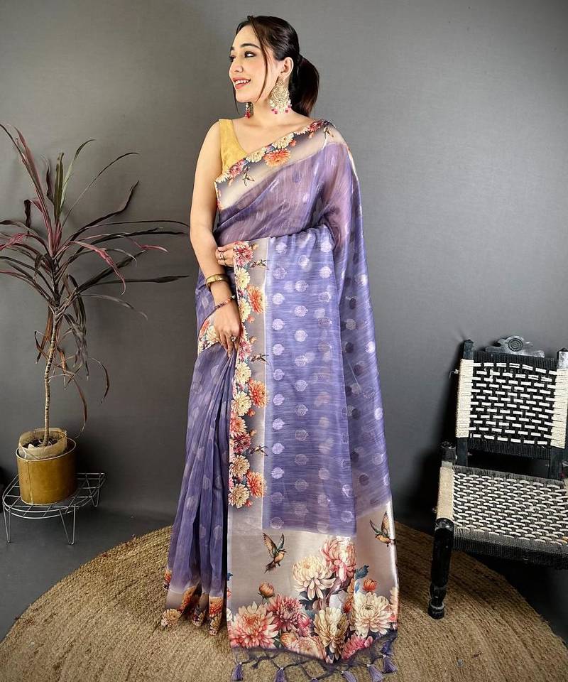 blue color cotton blend flower digital printed saree with blouse