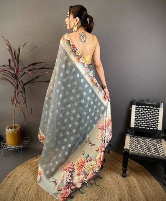 grey color cotton blend flower digital printed saree with blouse 4