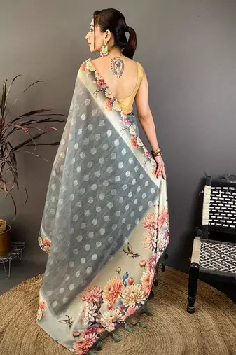 grey color cotton blend flower digital printed saree with blouse