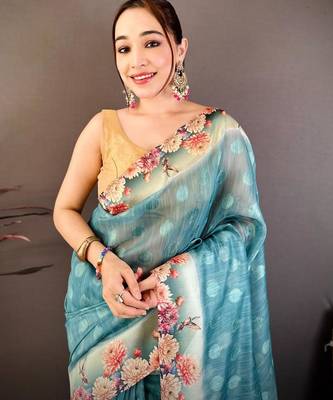 skyblue color cotton blend flower digital printed saree with blouse 3
