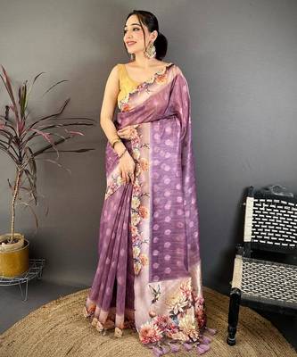 purple color cotton blend flower digital printed saree with blouse 1