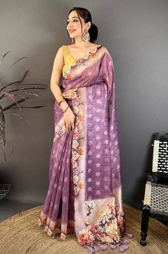 purple color cotton blend flower digital printed saree with blouse