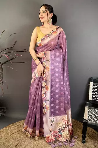 purple color cotton blend flower digital printed saree with blouse