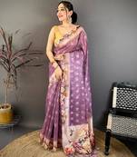 purple color cotton blend flower digital printed saree with blouse