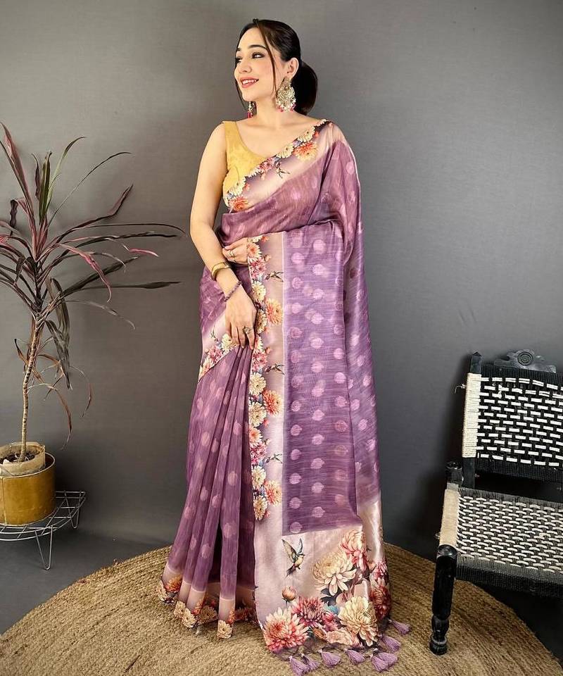 purple color cotton blend flower digital printed saree with blouse