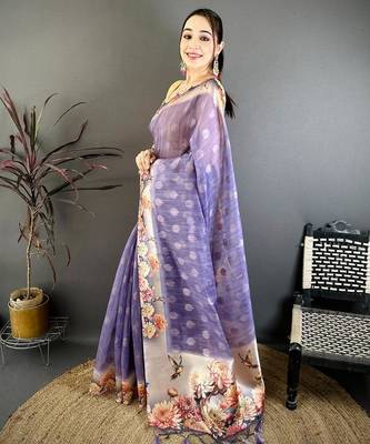 blue color cotton blend flower digital printed saree with blouse 2