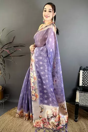 blue color cotton blend flower digital printed saree with blouse