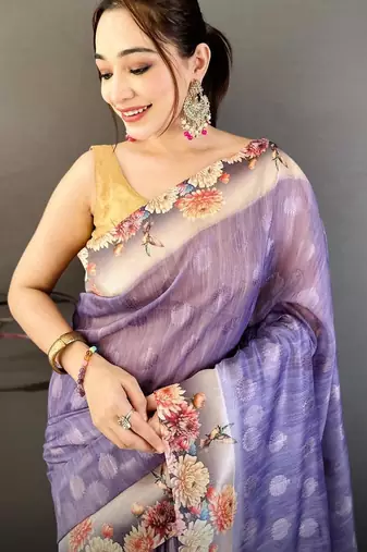 blue color cotton blend flower digital printed saree with blouse