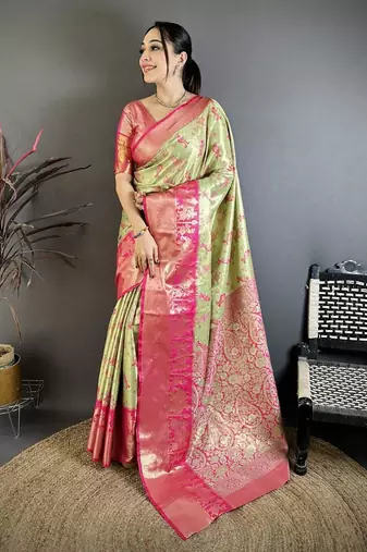 pista green-pink color kanjivaram silk blend zari woven sarees