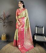 pista green-pink color kanjivaram silk blend zari woven sarees