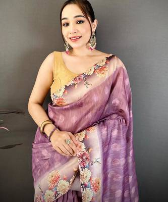 purple color cotton blend flower digital printed saree with blouse 3