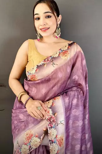 purple color cotton blend flower digital printed saree with blouse