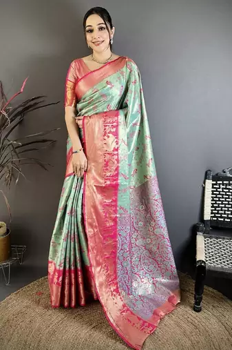 skyblue-pink color kanjivaram silk blend zari woven sarees