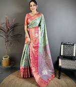 skyblue-pink color kanjivaram silk blend zari woven sarees