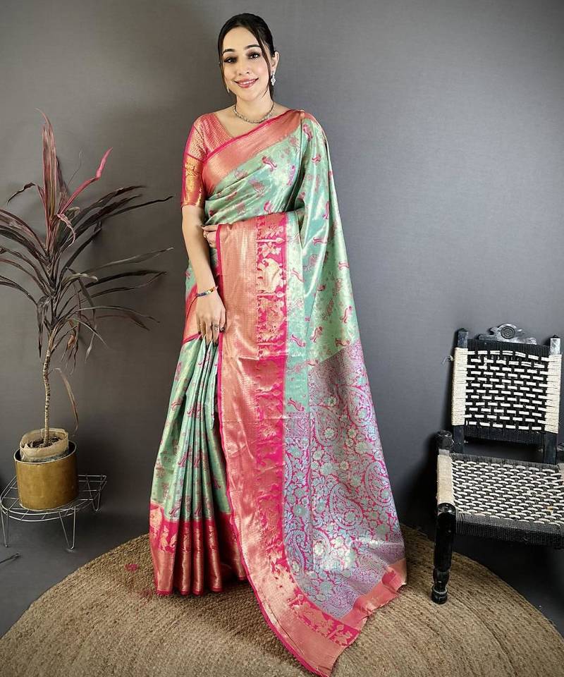 skyblue-pink color kanjivaram silk blend zari woven sarees