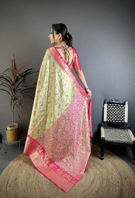 pista green-pink color kanjivaram silk blend zari woven sarees 2