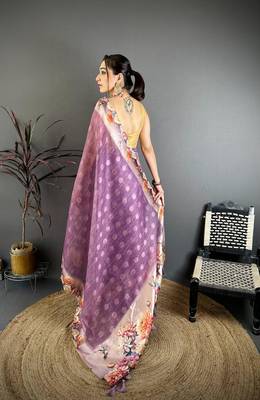 purple color cotton blend flower digital printed saree with blouse 4