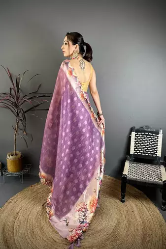 purple color cotton blend flower digital printed saree with blouse