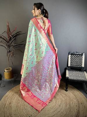 skyblue-pink color kanjivaram silk blend zari woven sarees 2