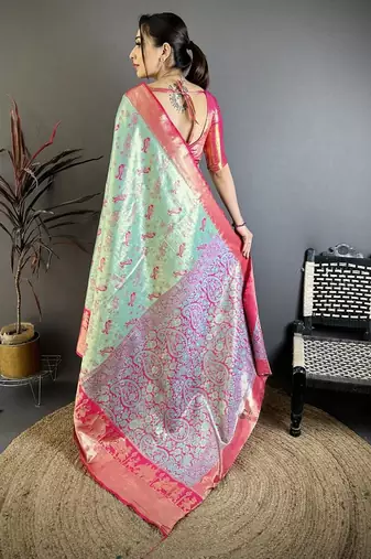 skyblue-pink color kanjivaram silk blend zari woven sarees