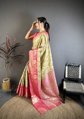 pista green-pink color kanjivaram silk blend zari woven sarees 3