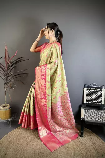 pista green-pink color kanjivaram silk blend zari woven sarees