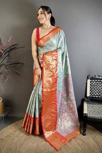 skyblue-red color kanjivaram silk blend zari woven sarees