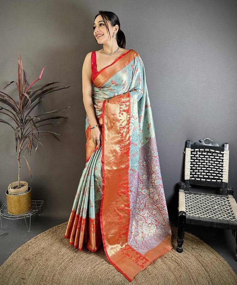 skyblue-red color kanjivaram silk blend zari woven sarees