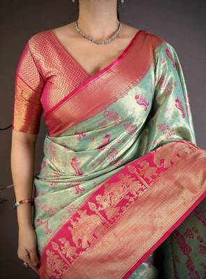 skyblue-pink color kanjivaram silk blend zari woven sarees 3