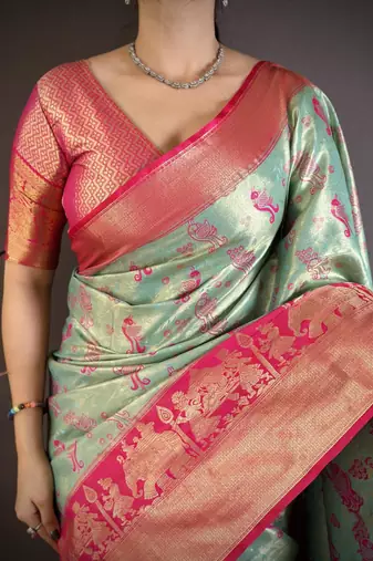 skyblue-pink color kanjivaram silk blend zari woven sarees