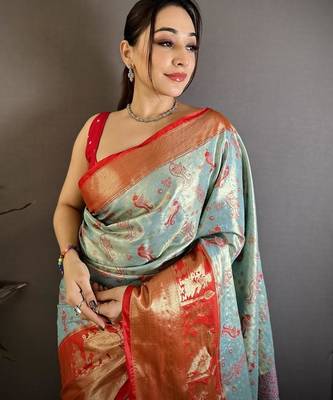skyblue-red color kanjivaram silk blend zari woven sarees 2